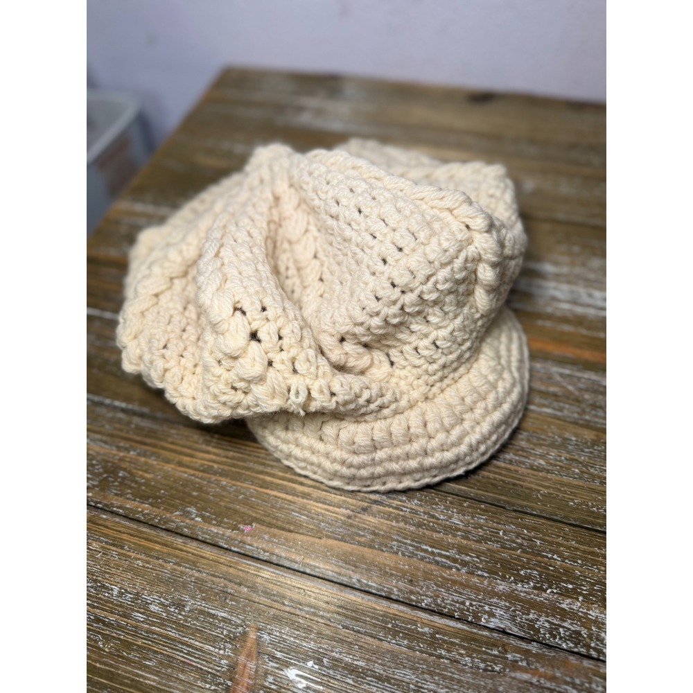 Vintage Handmade Crochet Beret Hat Cream Off White Chunky Knit Tam Newsboy Boho